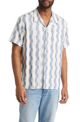 Treasure & Bond Cable Embroidered Short Sleeve Viscose & Linen Button-Up Camp Shirt in Ivory- Blue Geo Embroidery