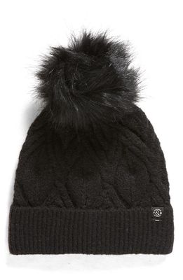Treasure & Bond Cable Knit Beanie with Faux Fur Pompom in Black