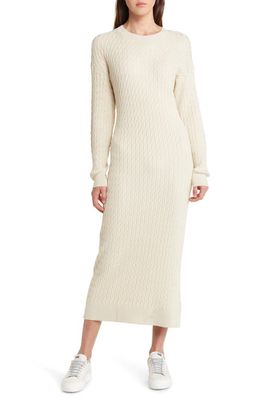 Treasure & Bond Cable Stitch Long Sleeve Midi Sweater Dress in Beige Oatmeal Light Heather
