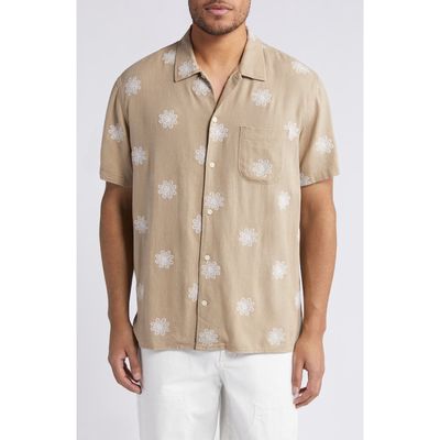 Treasure & Bond Embroidered Camp Shirt in Tan Burrow Lacey Floral 