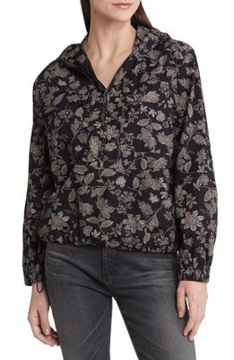 Treasure & Bond Floral Cotton Half Zip Hooded Popover Jacket in Black Batik Dot Floral