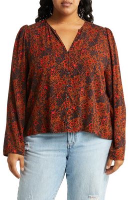 Treasure & Bond Floral Print Button Front Dobby Blouse in Navy/Orange Mystic Floral