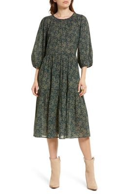 Treasure & Bond Floral Print Tiered Cotton Gauze Dress in Navy- Green Tapestry