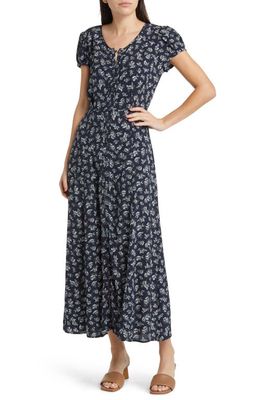 Treasure & Bond Floral Print Woven Midi Dress in Navy- Beige Lillith Floral