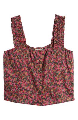 Treasure & Bond Floral Ruffle Strap Crop Cotton Tank Top in Brown- Pink Manchester Floral