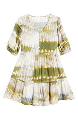 Treasure & Bond Kids' Abstract Print Drop Waist Tiered Dress in Beige Shifting Stripe Sketch