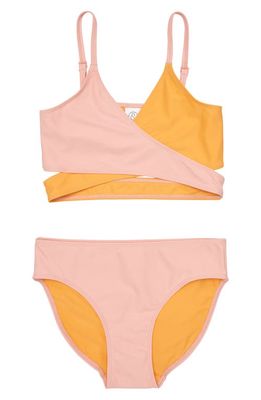 Treasure & Bond Kids' Crossover Two-Piece Swimsuit in Pink Sparkle- Orange Feather