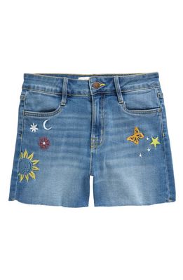 Treasure & Bond Kids' Embroidered Raw Hem Denim Shorts in Med Wash