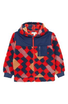 Treasure & Bond Kids' Geo Print Hooded High Pile Fleece Zip Jacket in Red Fiery Pop Quilt