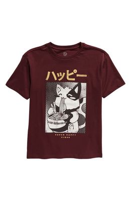 Treasure & Bond Kids' Relaxed Fit Cotton Graphic T-Shirt in Burgundy Royale Ramen Cat