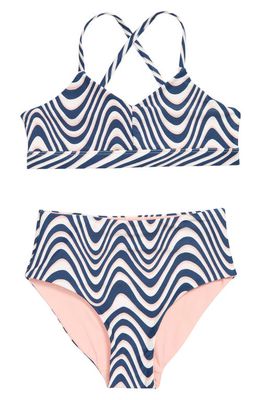 Treasure & Bond Kids' Reversible Two-Piece Swimsuit in Ivory Egret Wave Stripe- Pink