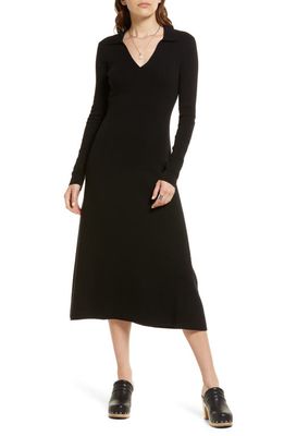 Treasure & Bond Long Sleeve Cotton Blend Rib Polo Sweater Dress in Black