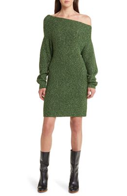 Treasure & Bond One-Shoulder Long Sleeve Rib Sweater Dress in Green Pinopsida