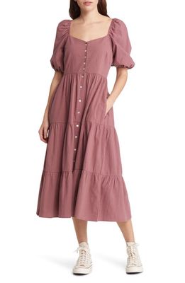 Treasure & Bond Puff Sleeve Tiered Button Front Dress in Brown Rose