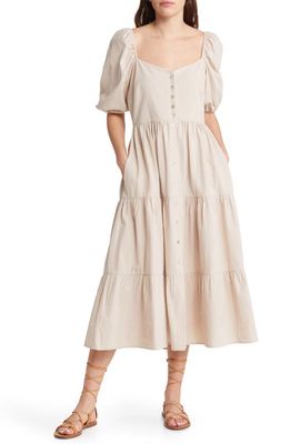 Treasure & Bond Puff Sleeve Tiered Button Front Dress in Tan