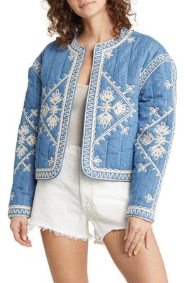 Treasure & Bond Soutache Embroidered Quilted Cotton Jacket in Blue- White Floral Embroidered
