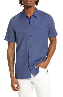 Treasure & Bond Trim Fit Cotton Dobby Short Sleeve Button-Up Shirt in Blue Vallarta Dobby Twist