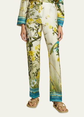 Tree Bloom-Print Silk Crop Pants