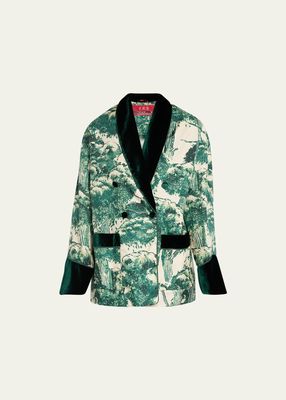 Tree Print Double-Breasted Jacket with Velvet Collar