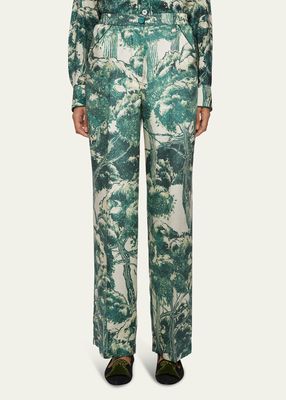 Tree-Print Silk Pants