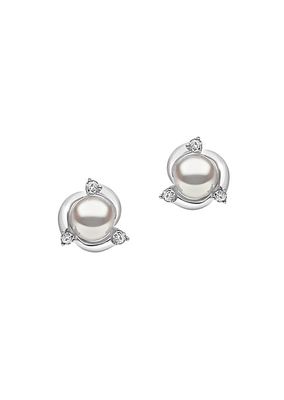 Trend 18K White Gold, 6-6.5MM Cultured Freshwater Pearl, & Diamond Stud Earrings