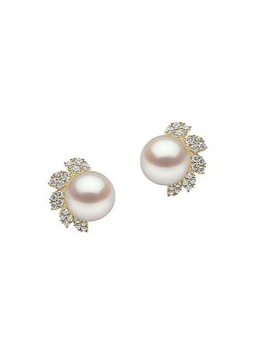Trend 18K Yellow Gold, Freshwater Pearl & Diamond Stud Earrings