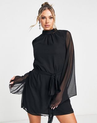 Trendyol belted mini dress with mesh bell sleeves in black