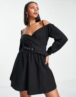 Trendyol belted off-shoulder mini dress in black