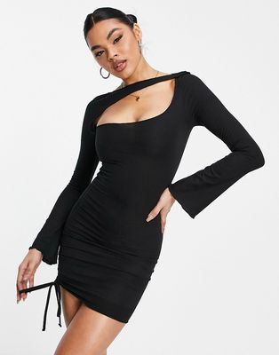 Trendyol cut out neck ruched side mini dress in black