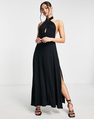 Trendyol halterneck maxi dress with leg split in black
