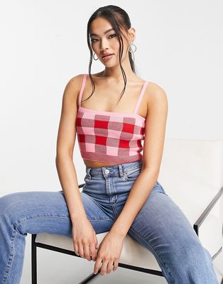 Trendyol knit cami crop top in pink and red check