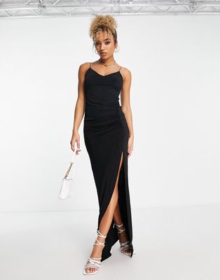 Trendyol ruched maxi dress with thigh split in black