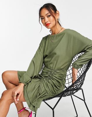 Trendyol ruched waist mini dress in khaki-Green