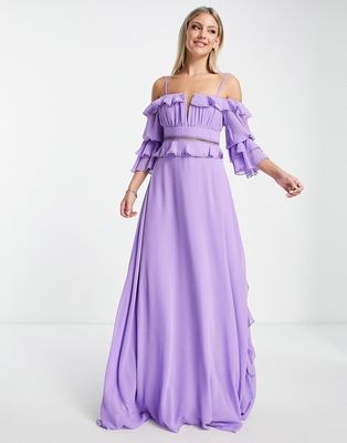 Trendyol ruffle bandeau sleeve dress in purple-Pink