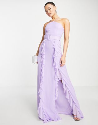 Trendyol slit ruffle halter neck maxi dress in lilac-Purple