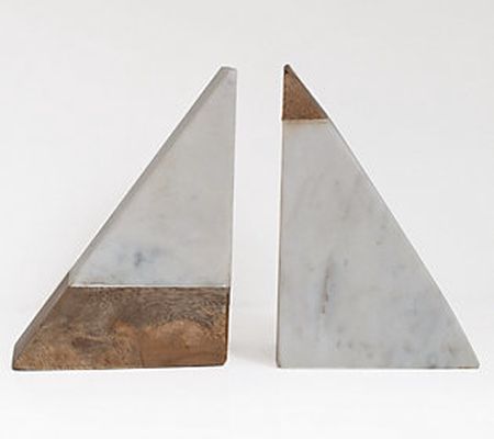 Triangle Set of 2 Marble & Wood Mix Bookends by Lauren McBride