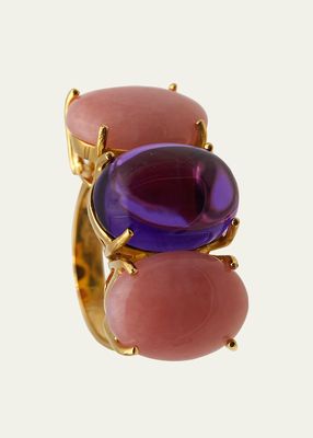 Trilogy Ring with Rhodonite and Amethyst in 18K Yellow Gold