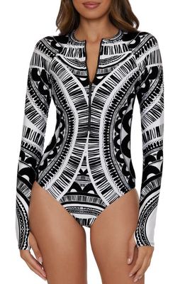 Trina Turk Hula Floral Half Zip Long Sleeve One-Piece Rashguard Swimsuit in Black Multi 