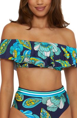Trina Turk Pirouette Ruffle Off the Shoulder Bikini Top in Blue Multi