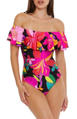 Trina Turk Solar Floral Ruffle Off the Shoulder One-Piece Swimsuit in Pink