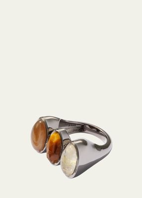 Triple Elliptic Ring with Tiger's Eye, Quartz, and Moonstone