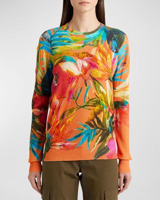 Tropical-Print Embroidered Cashmere Sweater