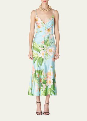 Tropical-Print Ruched Cutout Midi Dress