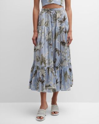 Tropical-Print Tiered Ankle-Length Skirt