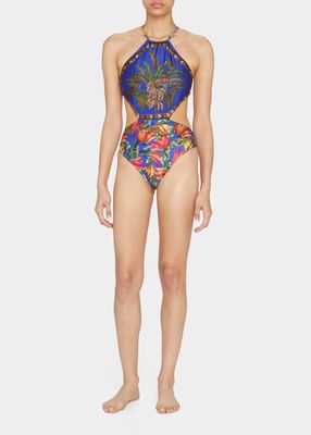 Tropical Scarf Cut-Out One-Piece Swimsuit