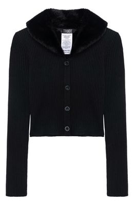 Truce Kids' Faux Fur Collar Rib Cardigan in Black