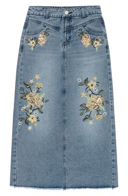 Truce Kids' Sequin Floral Embroidered Maxi Jean Skirt in Denim