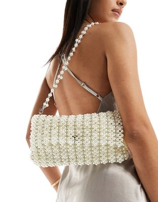 True Decadence all over pearl foldover shoulder bag in silver-White