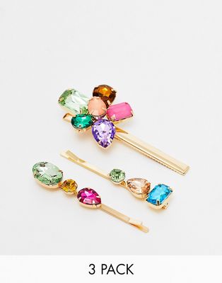 True Decadence bejeweled pack of 3 hair clips in multi-Gold