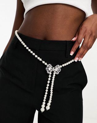 True Decadence bow faux pearl waist belt in pearlescent-White